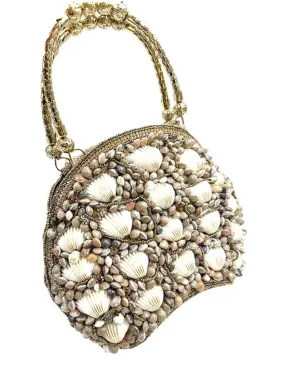 BOLSOS DE FIESTA DORADOS OCRE Y CONCHAS PARA BODAS EN LA PLAYA Y VERANO