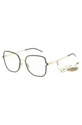 Montura verde para gafas graduadas con patillas de horquilla y cadena de la marca