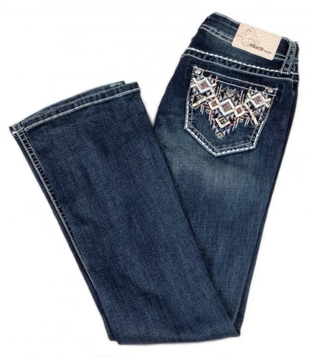 Pantalones tejanos acampanados Grace in LA para mujer con bolsillos bordados 